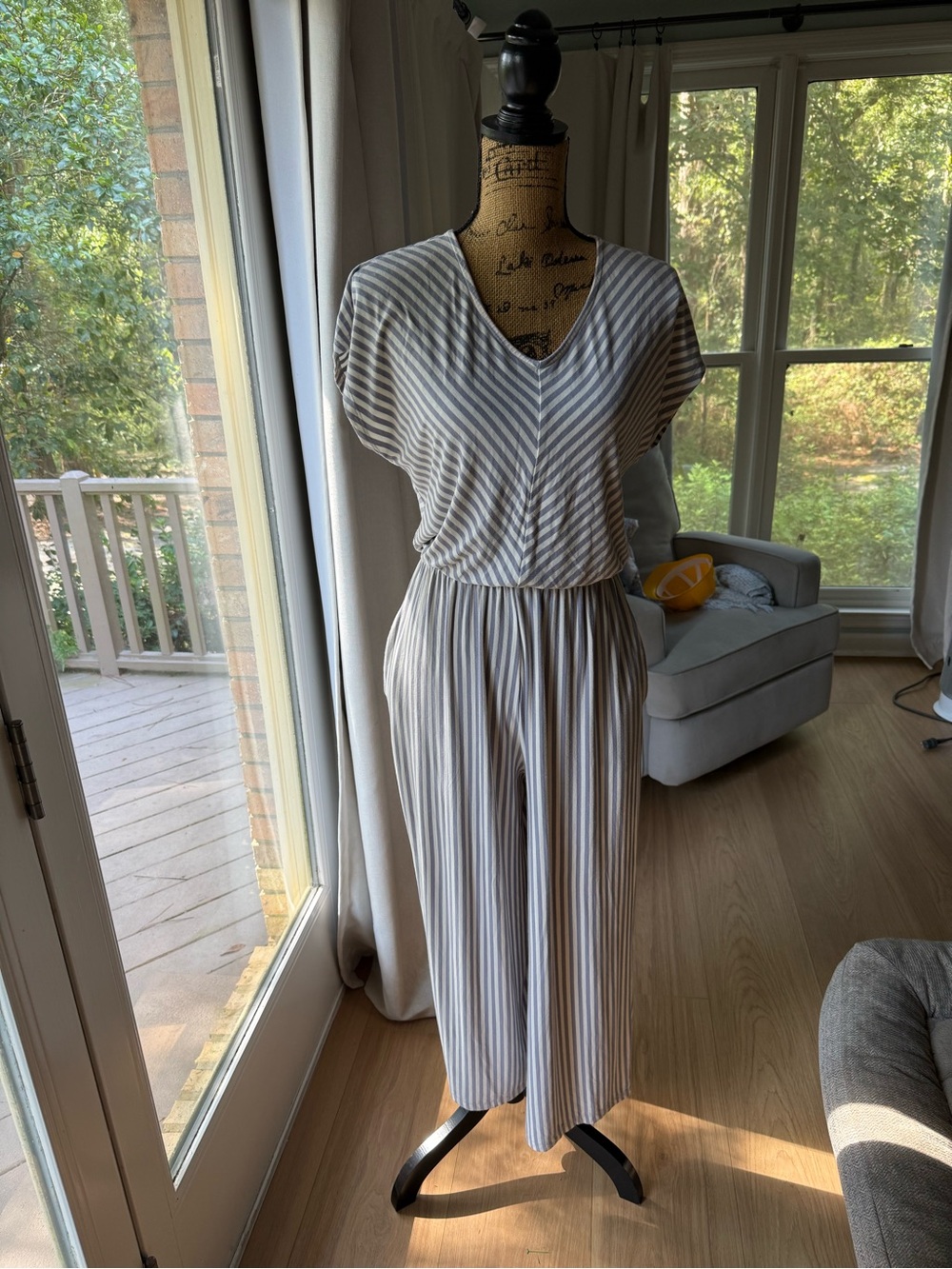 Matilda Jane Cream and light lavender  Striped V-Neck Wide-Leg Jumpsuit